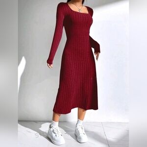 Red Casual Dress Lightweight Ribbed Knit Pullover Day Lounge Burgundy Dresses